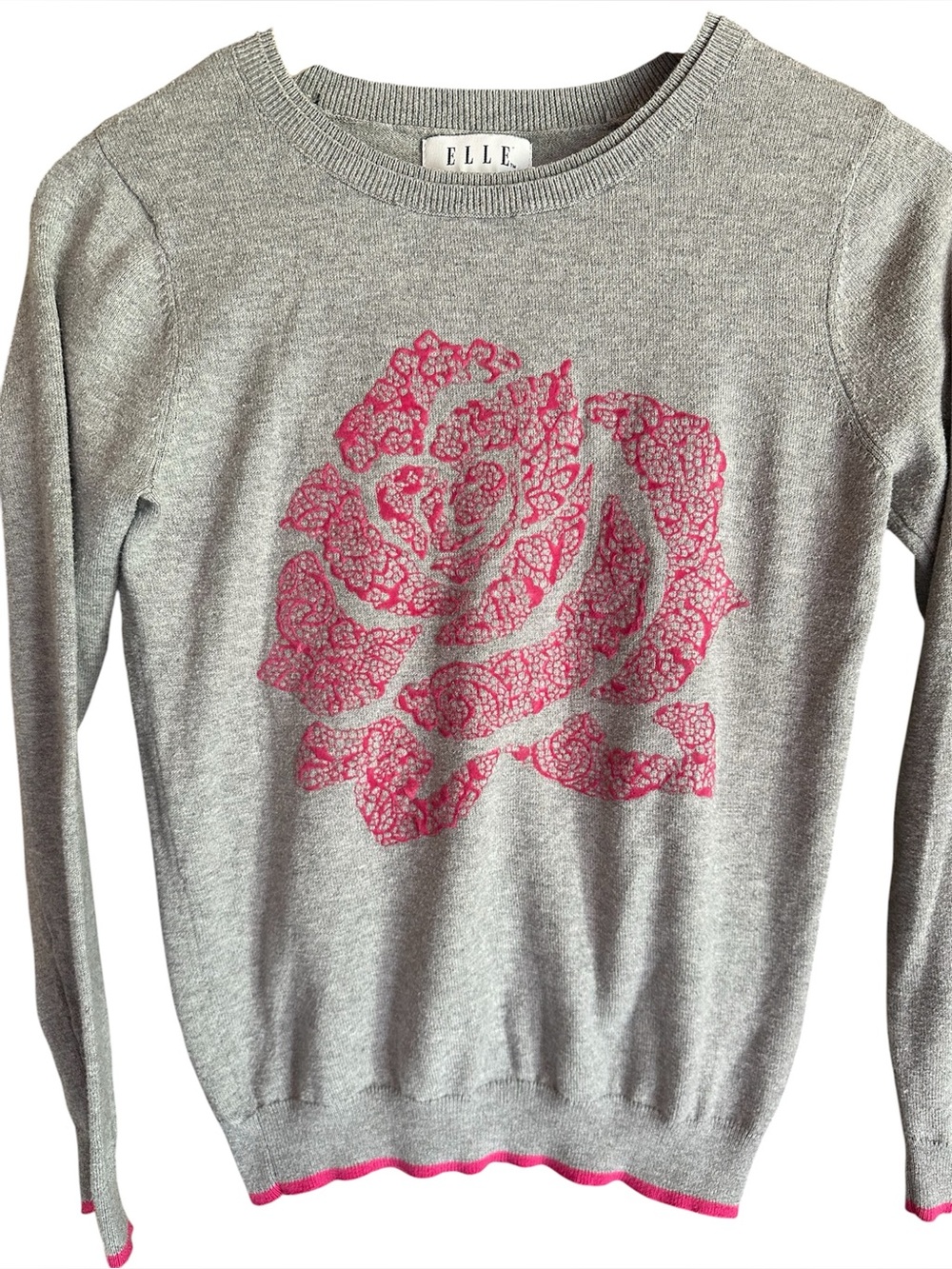 Elle Gray Sweater with Pink Rose XS